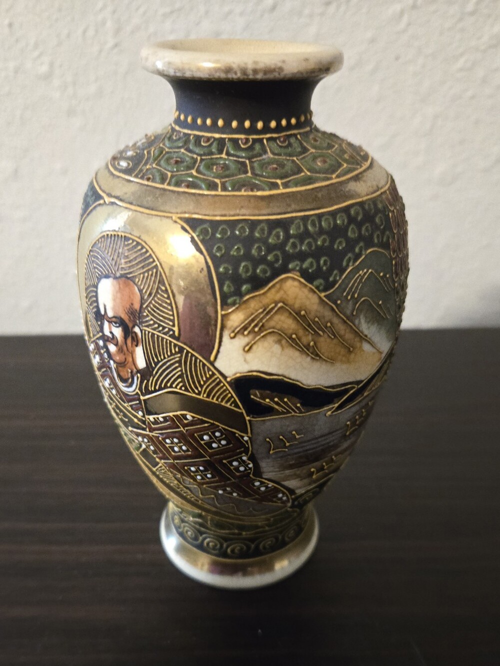Decorative Satsuma-Style Ceramic Vase in Green and Gold